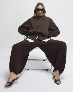 Brown Drop Hem Drawstring Jacket