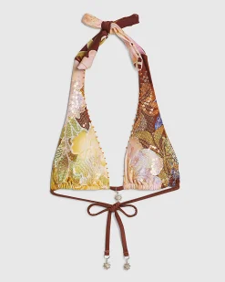 Brown Embellished Orchid Bikini Top
