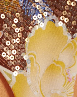 Brown Embellished Orchid Print Bikini Bottoms