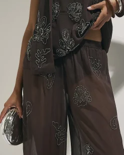 Brown Embellished Wide Leg Beach Trousers
