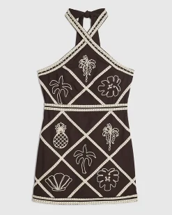 Brown Embroidered Halter Neck Mini Dress