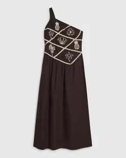 Brown Embroidered One Shoulder Maxi Dress