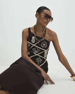 Brown Embroidered One Shoulder Maxi Dress