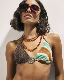 Brown Embroidered Triangle Bikini Top