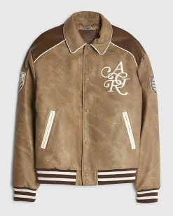 Brown Faux Leather Bomber Jacket