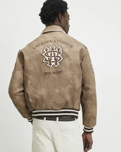 Brown Faux Leather Bomber Jacket