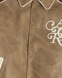 Brown Faux Leather Bomber Jacket