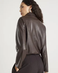 Brown Faux Leather Collared Bomber Jacket