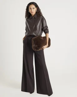 Brown Faux Leather Collared Bomber Jacket