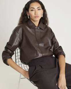 Brown Faux Leather Collared Bomber Jacket