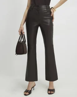 Brown Faux Leather Cropped Flared Trousers