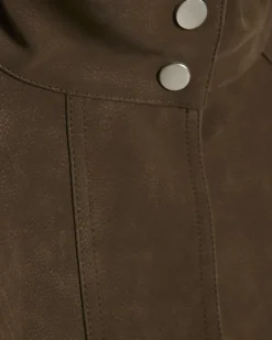 Brown Faux Leather Funnel Neck Bomber Jacket