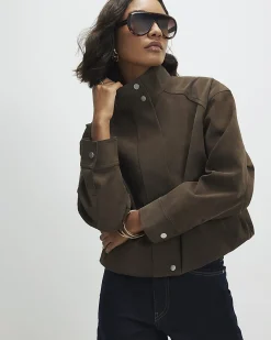 Brown Faux Leather Funnel Neck Bomber Jacket