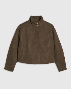 Brown Faux Leather Funnel Neck Bomber Jacket