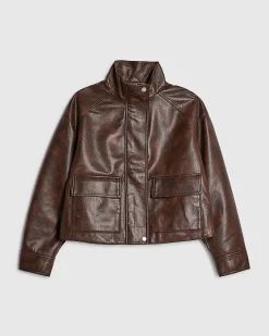 Brown Faux Leather Funnel Neck Bomber Jacket