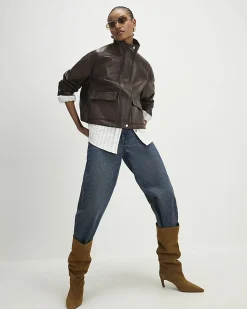 Brown Faux Leather Funnel Neck Bomber Jacket
