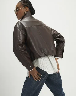 Brown Faux Leather Funnel Neck Bomber Jacket