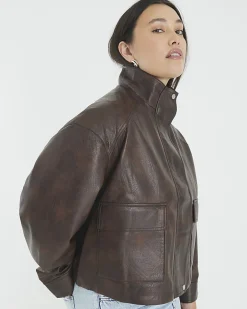 Brown Faux Leather Funnel Neck Bomber Jacket