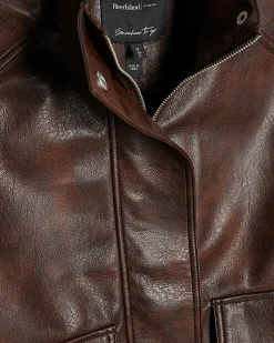 Brown Faux Leather Funnel Neck Bomber Jacket