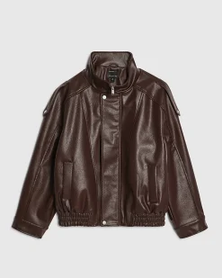 Brown Faux Leather Funnel Neck Jacket
