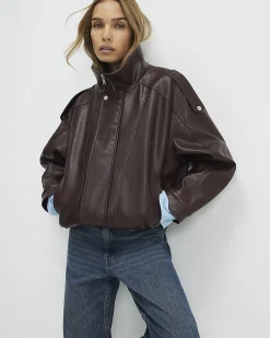Brown Faux Leather Funnel Neck Jacket