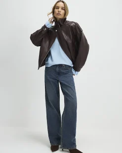 Brown Faux Leather Funnel Neck Jacket
