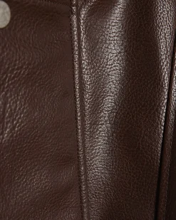 Brown Faux Leather Funnel Neck Jacket