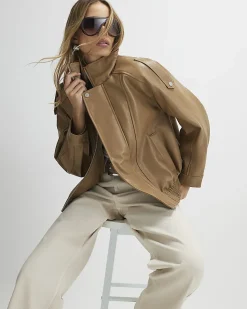 Brown Faux Leather Funnel Neck Jacket