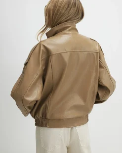 Brown Faux Leather Funnel Neck Jacket