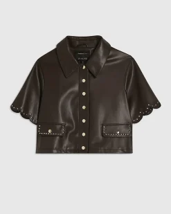 Brown Faux Leather Scallop Trim Studded Shirt