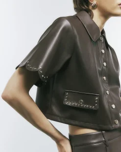Brown Faux Leather Scallop Trim Studded Shirt