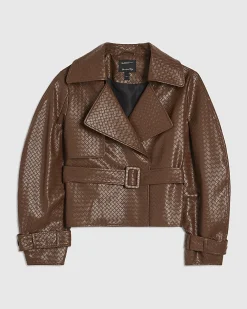Brown Faux Leather Woven Effect Trench jacket