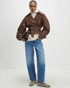 Brown Faux Leather Woven Effect Trench jacket