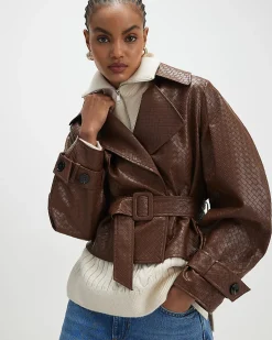 Brown Faux Leather Woven Effect Trench jacket