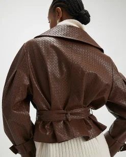 Brown Faux Leather Woven Effect Trench jacket