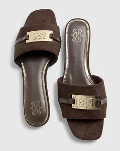 Brown Faux Suede Branded Flat Mule Sandals