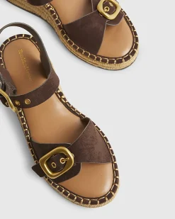 Brown Faux Suede Buckle Strap Wedge Sandals
