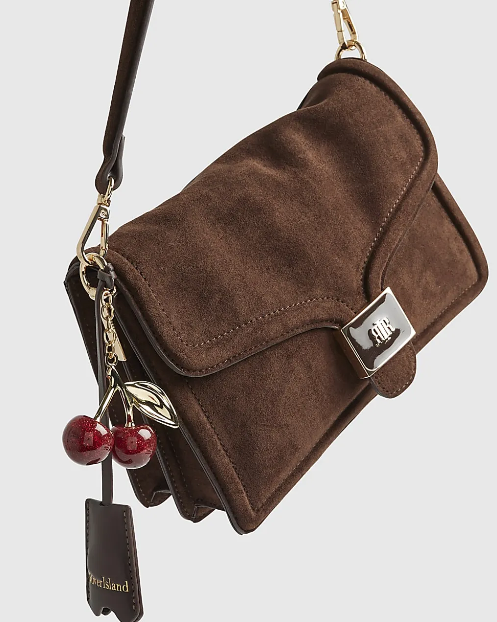 Brown Faux Suede Cherry Charm Shoulder Bag