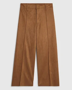 Brown Faux Suede Cropped Seam Front Trousers