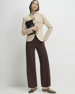 Brown Faux Suede Cropped Seam Front Trousers