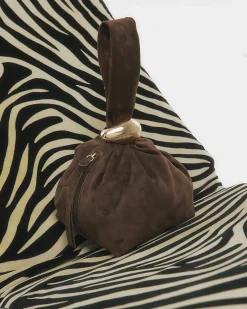 Brown Faux Suede Gold Detail Clutch Bag