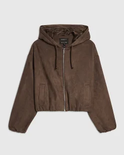 Brown Faux Suede Hooded Jacket