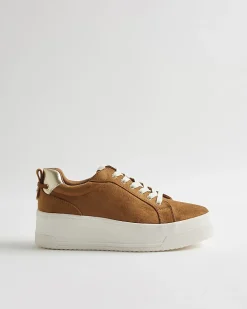 Brown Faux Suede Lace Up Flatform Trainers