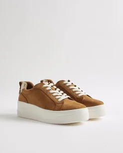 Brown Faux Suede Lace Up Flatform Trainers
