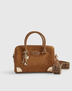 Brown Faux Suede Metal Corner Bowler Bag