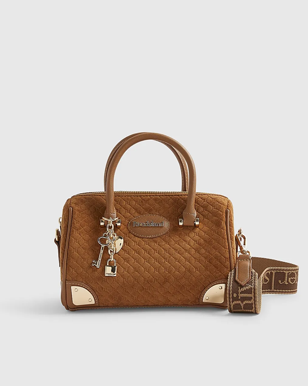 Brown Faux Suede Metal Corner Bowler Bag