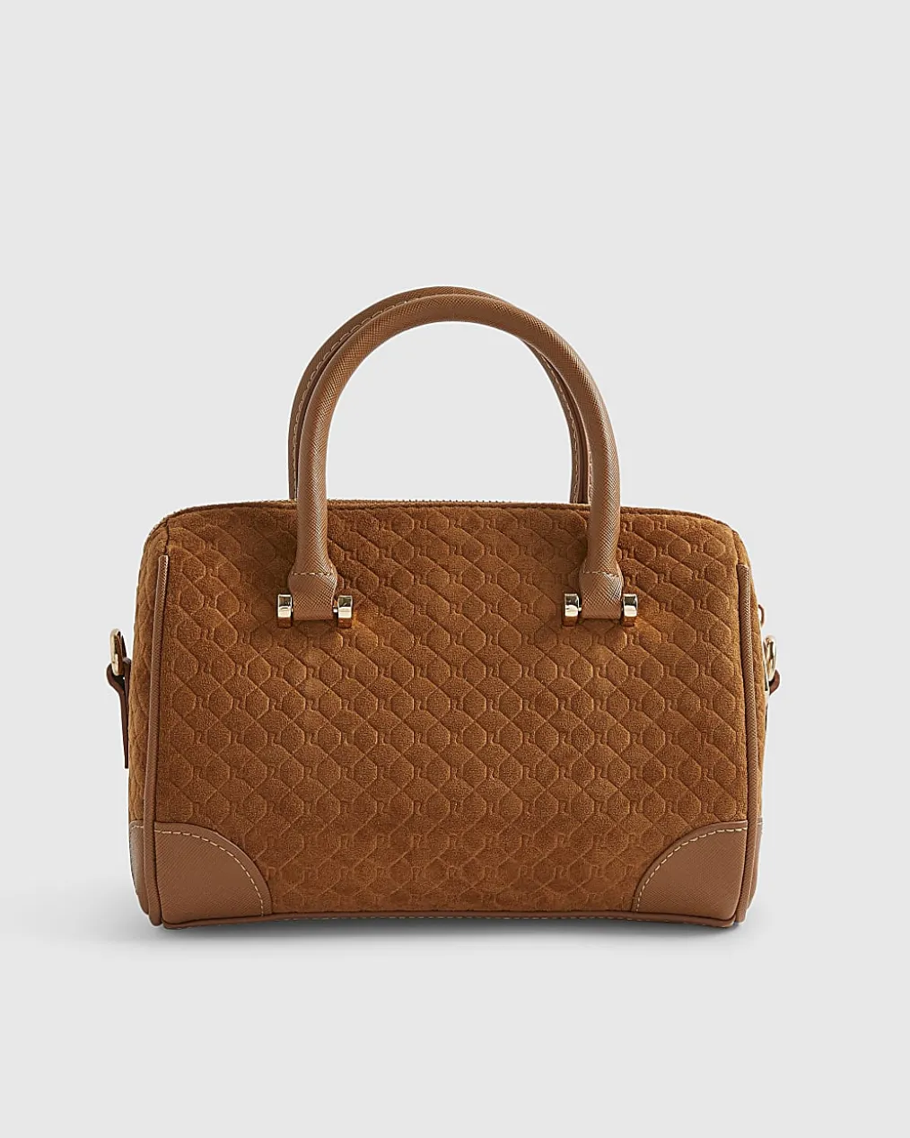 Brown Faux Suede Metal Corner Bowler Bag