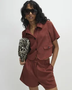 Brown Faux Suede Pleated Shorts