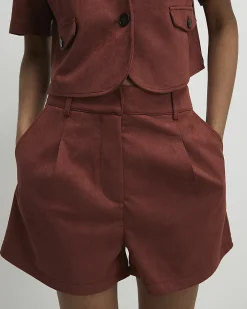 Brown Faux Suede Pleated Shorts