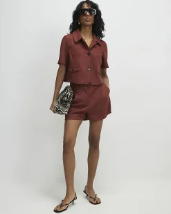 Brown Faux Suede Pleated Shorts